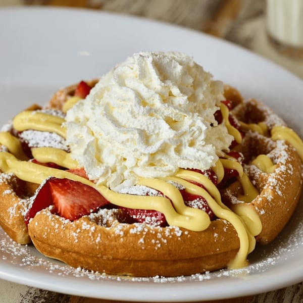 Golden waffle topped with strawberries, yellow cream, powdered sugar, and whipped cream.
