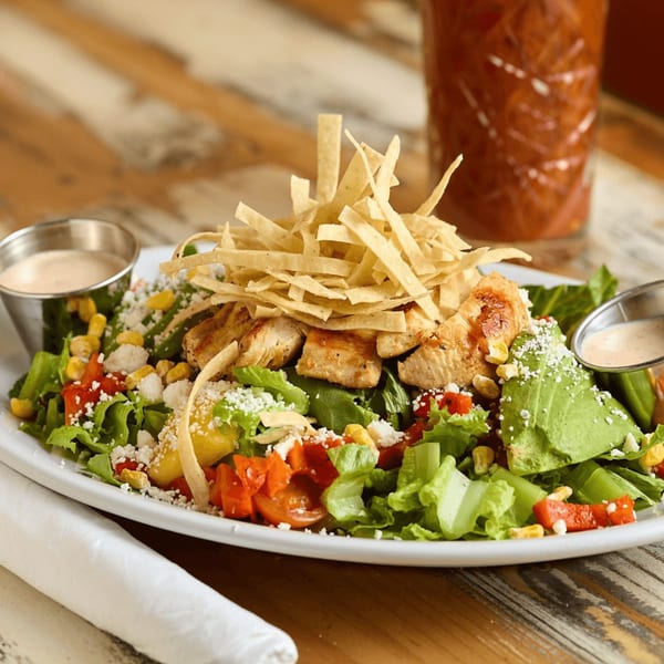 A vibrant chicken salad with tortilla strips, avocado, corn, tomatoes, and cheese on a white plate.